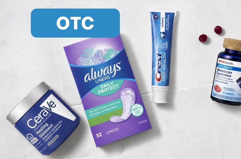 OTC eligible everyday health and personal care products displayed on a countertop, including moisturizer, feminine care products, toothpaste, and vitamins, beneath an OTC label.