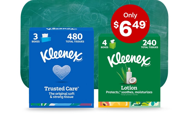 Only $6.49. Kleenex Trusted Care tissues and Kleenex Lotion tissues against a green chalkboard background