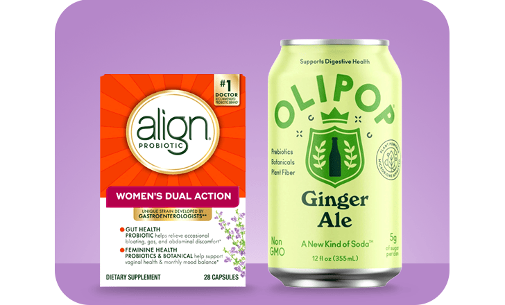 Align probiotic womens dual action capsuls and olipop ginger ale soda