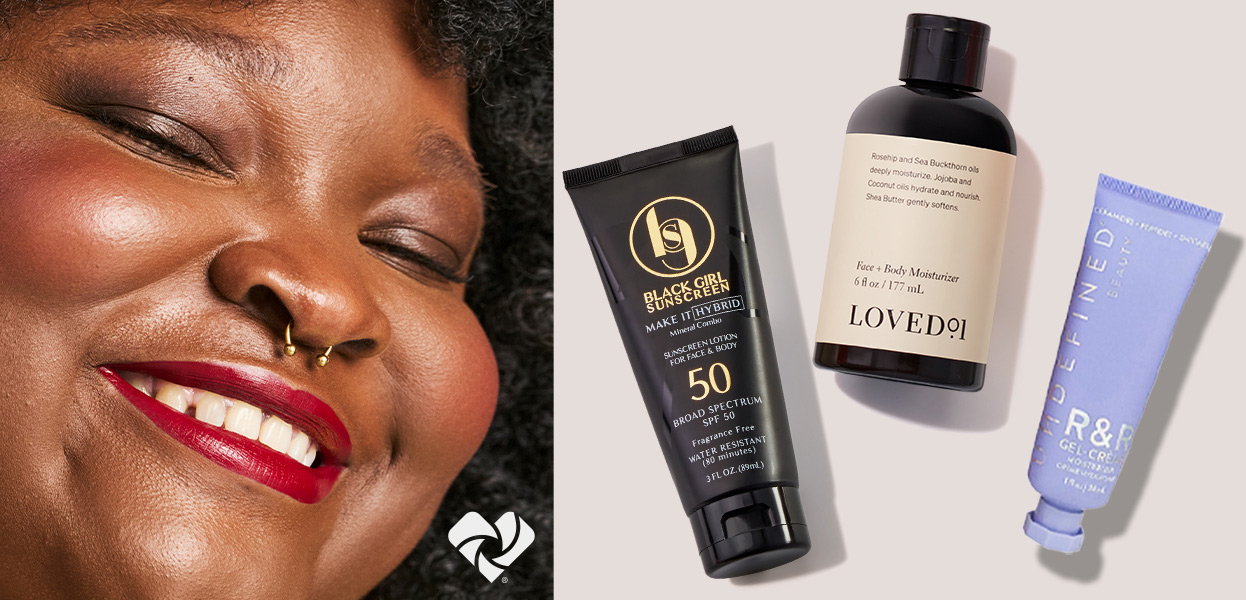 Beauty Unaltered Logo. Black person looking at camera and smiling confidently; Black Girl Sunscreen for Face and Body SPF 50, Loved One Face and Body Moisturizer, Undefined Beauty R&R Gel Cream Moisturizer.