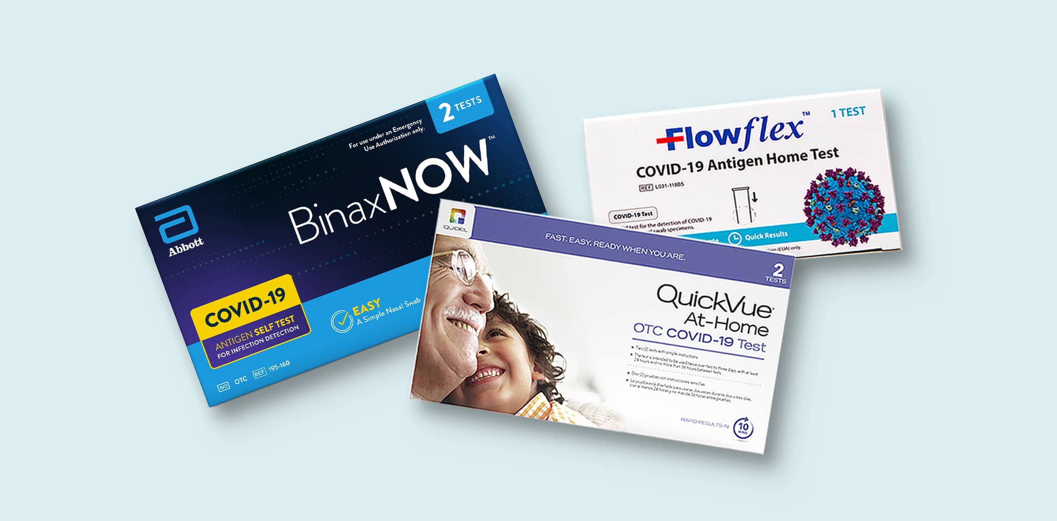 BinaxNow™, Flowflex™ and QuickVue® at-home COVID-19 test kits