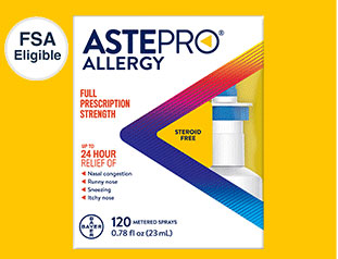 Four panels showing 60 & 120 metered sprays of 2 Astepro and 2 Children’s Astepro products.