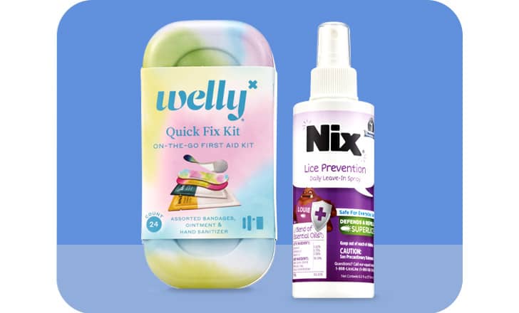 Welly Quick Fix Kit bandages, Nix lice prevention spray