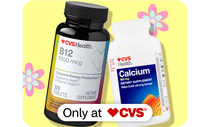 Only at CVS. CVS Health B12 and Calcium supplements against a yellow background and pastel-colored flowers.