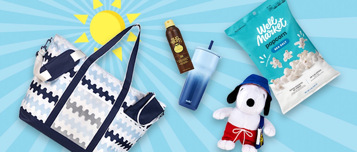 Tote bag, Sun Bum sunscreen, blue tumbler, snoopy plush doll and Well Market popcorn against a blue background with a sun