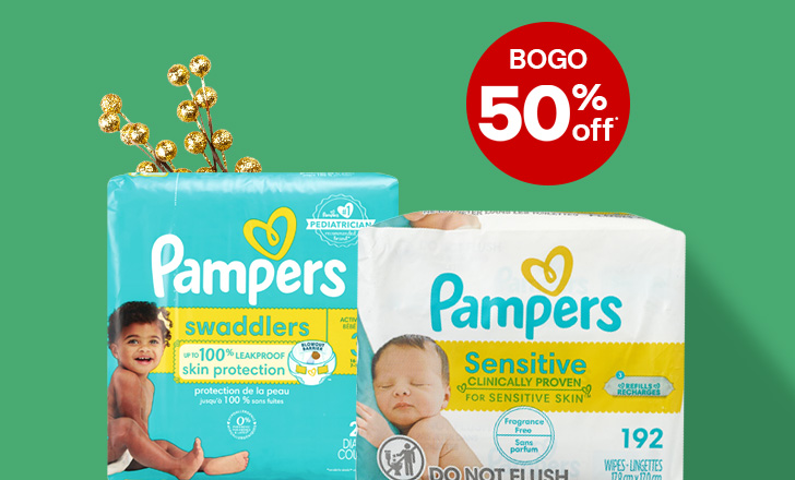 Buy one, get one 50 percent off, Pampers swaddlers and sensitive diapers.
