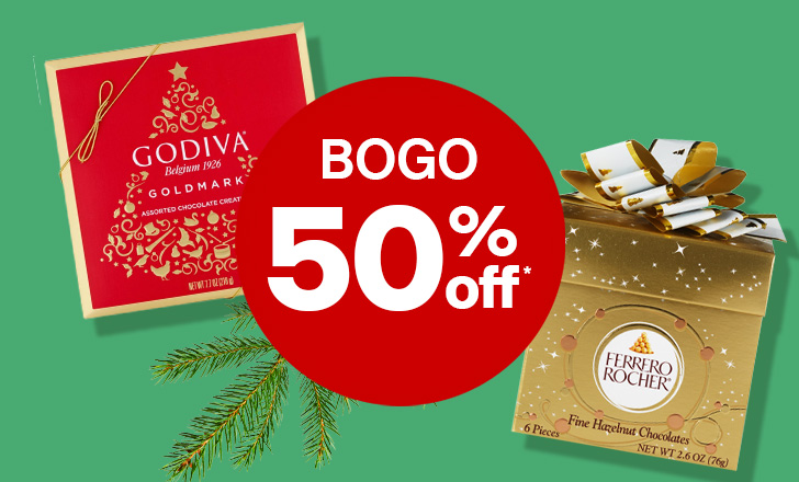 “Buy one, get one 50% off" offer dot next to Godiva and Ferrero Rocher chocolates.