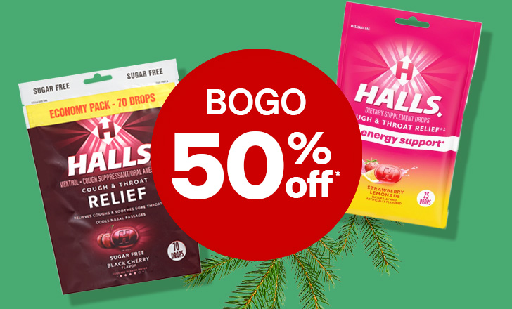 “Buy one, get one 50% off" offer dot next to Halls cough drops.