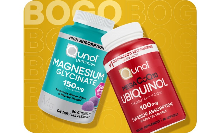 Buy 1, get 1 free. Magnesium Glycinate Qunol gummies and Qunol Mega CoQ10 Ubiquinol.