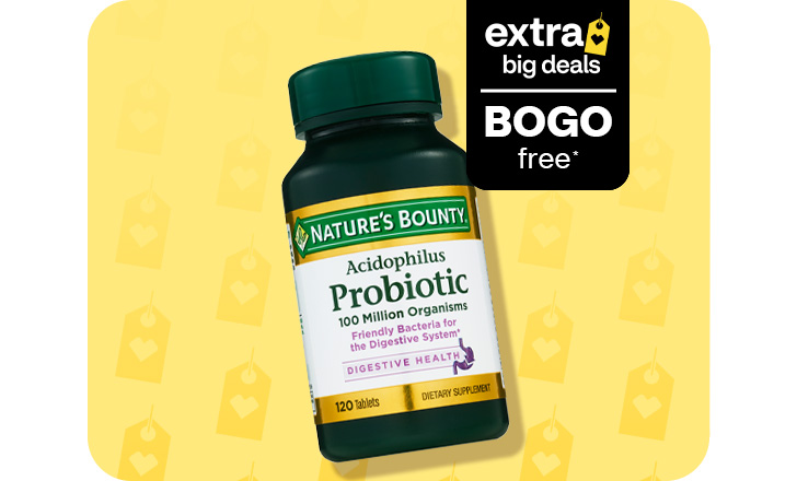 Buy one, get one free, Nature's Bounty vitamins, Probiotic tablets.