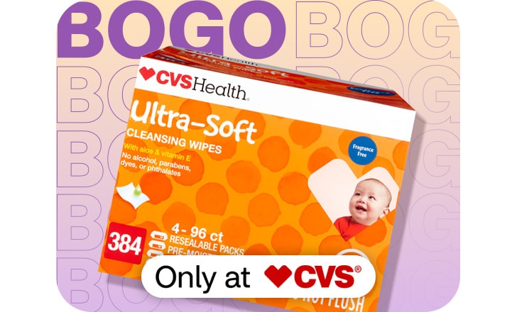 Only at CVS. Buy 1, get 1 50% off. CVS Health Ultra-Soft cleansing wipes