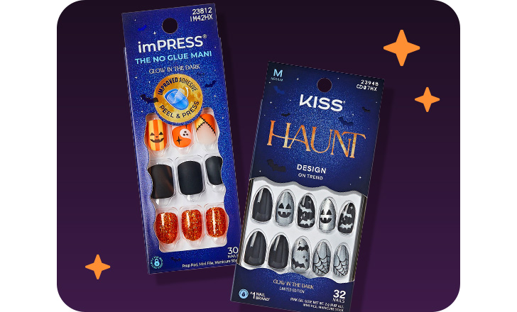 Halloween-themed imPRESS nails and Kiss Haunt nails.