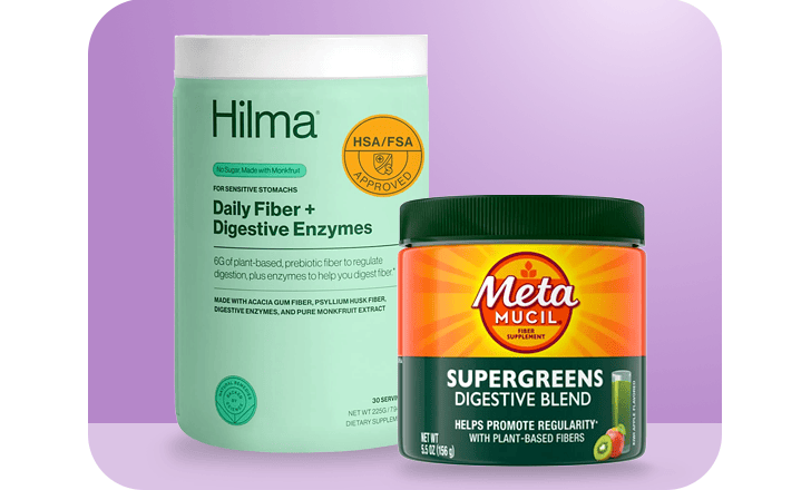Hilma daily fiber and digestive enzymes and meta supergreems digestive blend powders