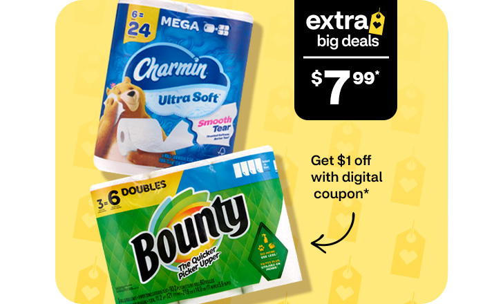 $7.99, get $1 off with digital coupon, Charmin bathroom tissue and Bounty paper