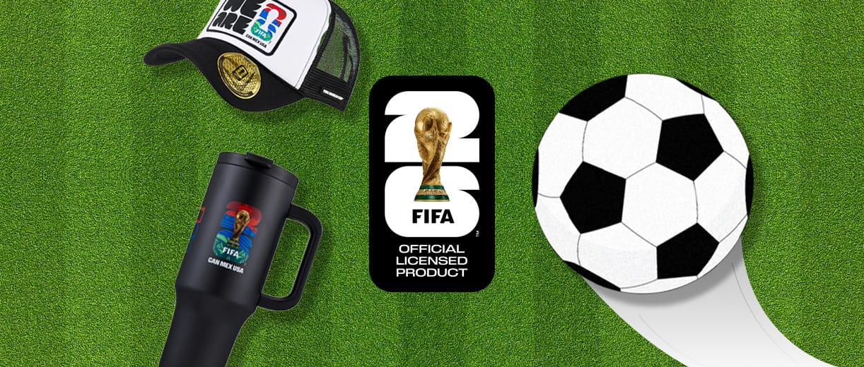 Soccer ball against a green grass background with the FIFA World Cup trophy and the words "CAN MEX USA"