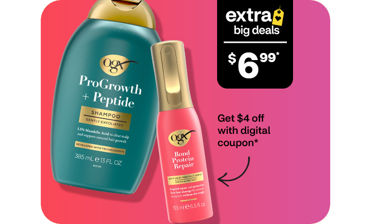 Extra Big Deals. $6.99. Get $4 off with digital coupon. OGX ProGrowth + Peptide shampoo and OGX Bond Protein Repair spray