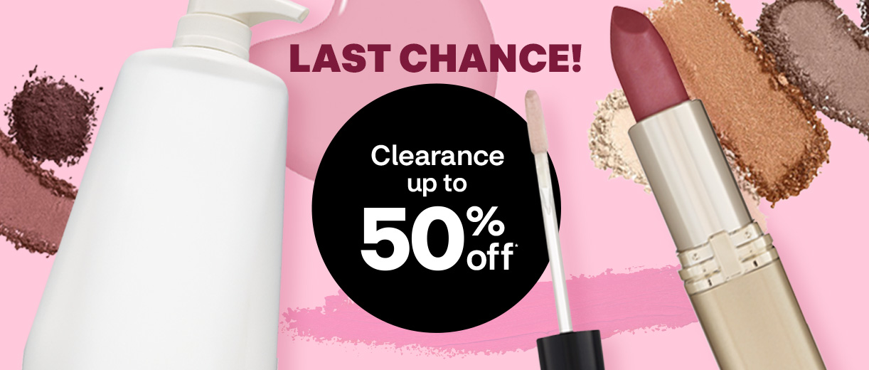 Last chance! Clearance up to 50% off. Cosmetics on a pink background. A lotion bottle, open lipstick, eyeshadow and lip gloss applicator.