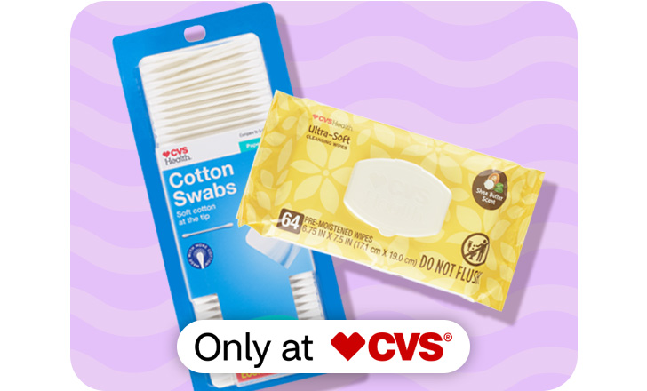 Only at CVS. CVS Health Ultra-Soft cleansing wipes and Cotton Swabs