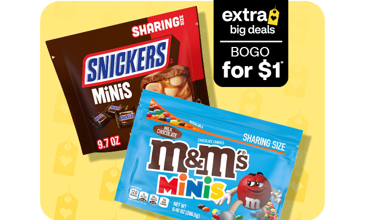 Extra Big Deals. Buy 1, get 1 for $1. Sharing size of Snickers Minis and M&M’s.