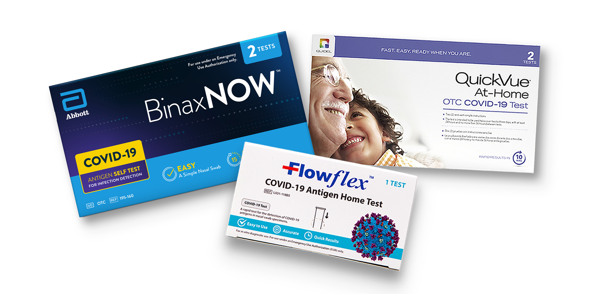 Learn more about at-home COVID-19 tests, showing BinaxNOW™, FlowFlex™ and QuickVue®