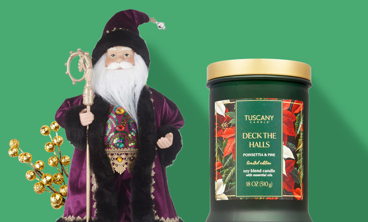 St. Nicholas figure and Tuscany Deck the Halls scented candle