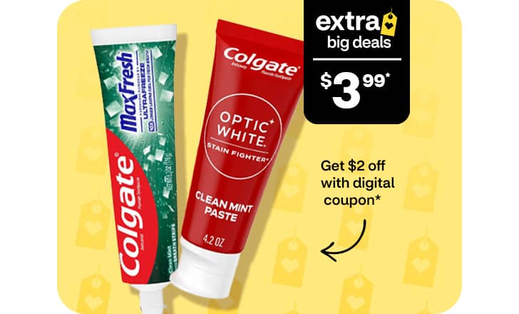 $3.99, get $2 off with digital coupon, Colgate Max Fresh and Optic White toothpaste