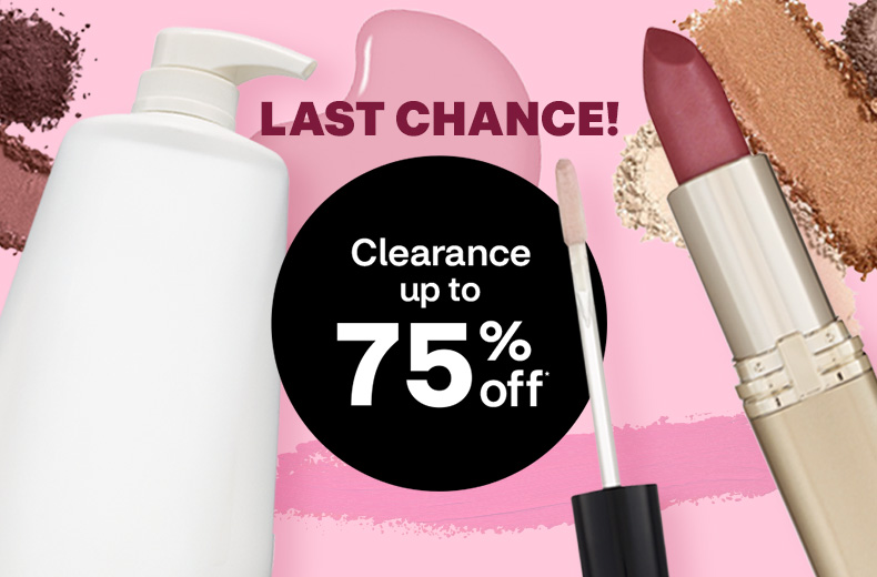 Last chance! Clearance up to 75% off. Cosmetics on a pink background. A lotion bottle, open lipstick, eyeshadow and lip gloss applicator.