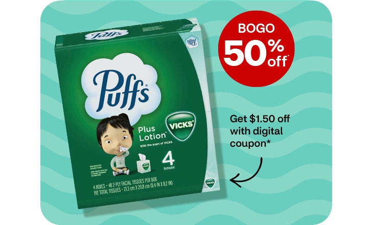 Buy 1, get 1 50% off. Get $1.50 off with digital coupon. Puffs facial tissues with lotion