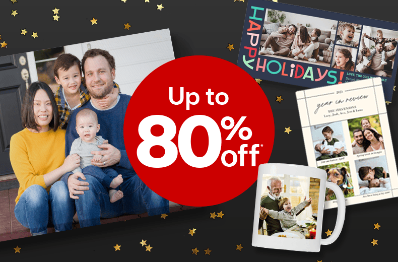 Holiday sale offer dot showing ‘Up to 80% off’ with festive family photos, cards and decorations.