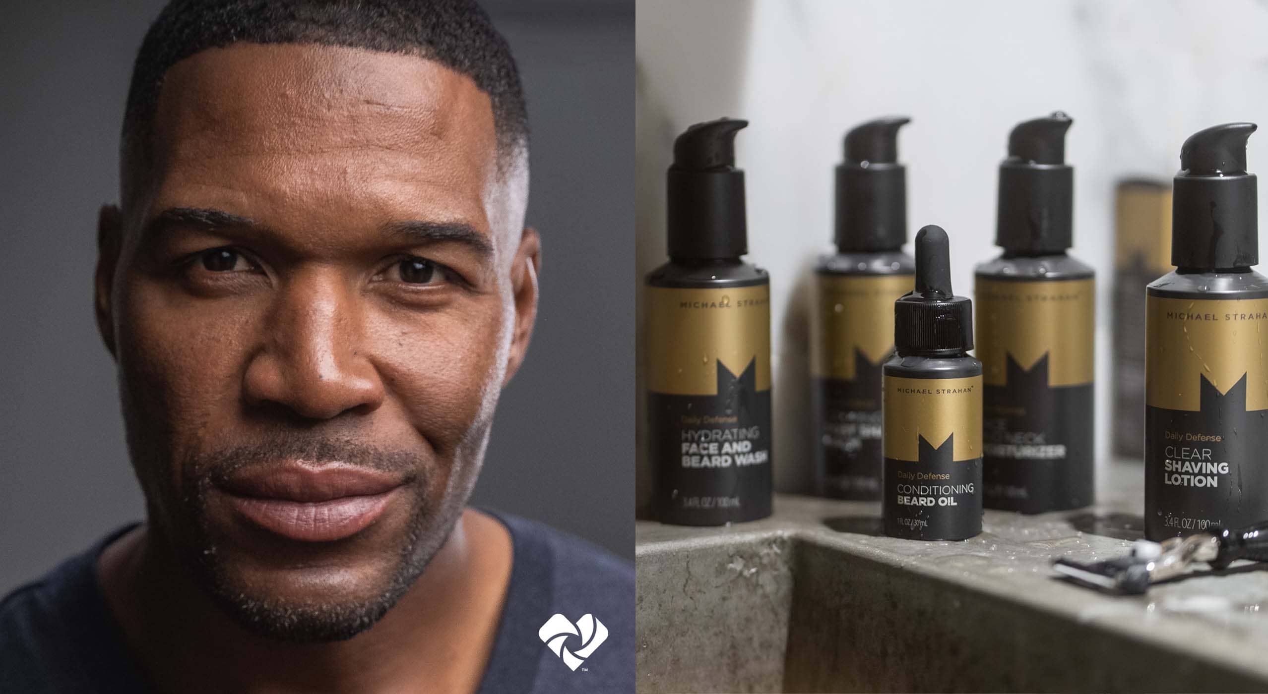 Photo of Michael Strahan, Beauty Unaltered logo, Michael Strahan Daily Defense product examples