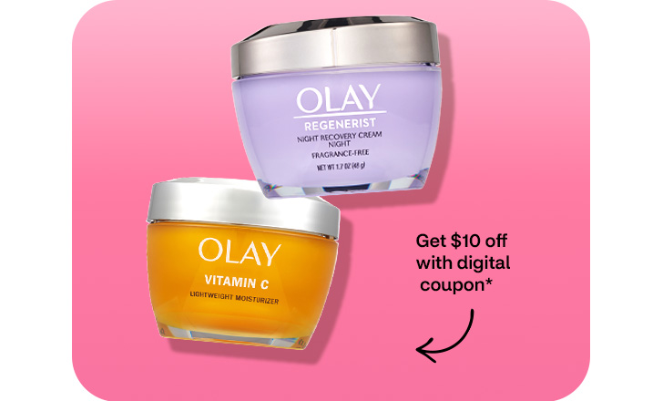 Get $10 off with digital coupon, Olay Regenerist night recovery cream and Vitamin C moisturizer