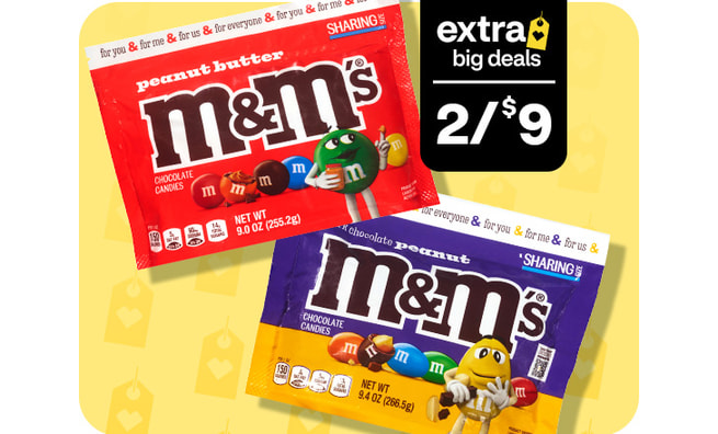 Extra Big Deals, two for $9. Sharing size bags of peanut butter and peanut M&M’s