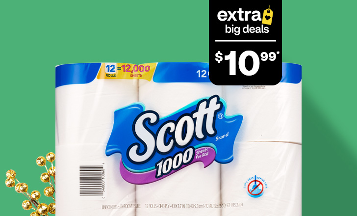$10.99 Scott 1,000 twelve rolls of bathroom tissue, extra big deals