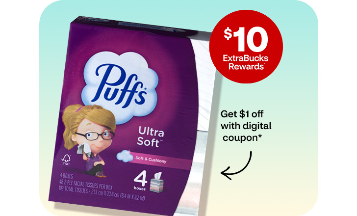 $10 ExtraBucks Rewards, get $1 off with digital coupon, Puffs four pack facial tissue