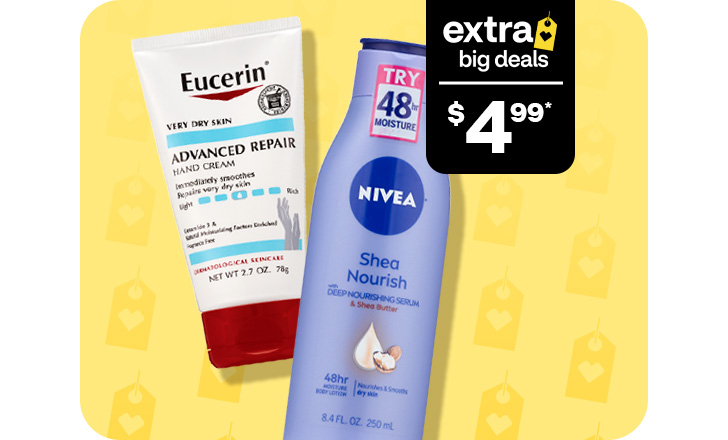 $4.99, Eucerin Advanced Repair hand cream and Nivea Shea Nourish lotion