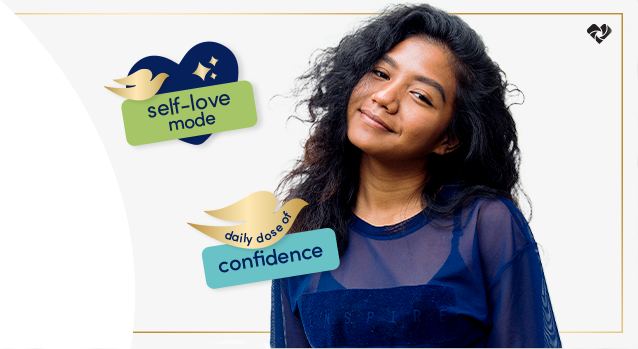 Woman smiling self-love mode daily dose of confidence.