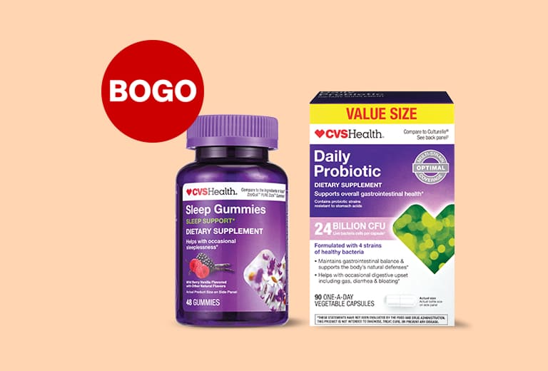 Bogo on select CVS brand products. Products shown include CVS brand sleep support gummies and daily probiotic.