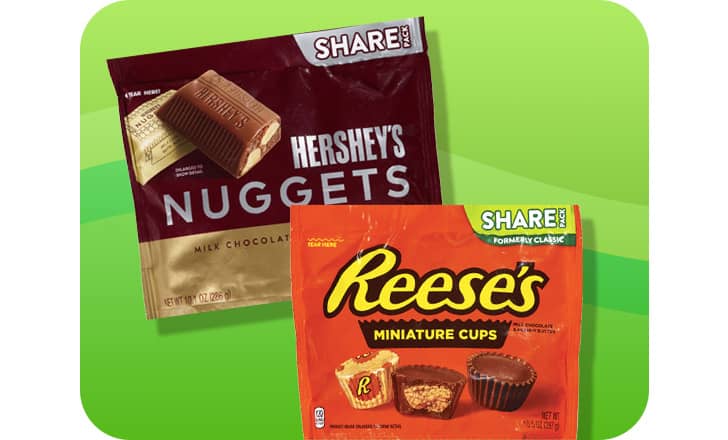 Sharing size bags of Hershey's Nuggets and Reese's miniature cups candy