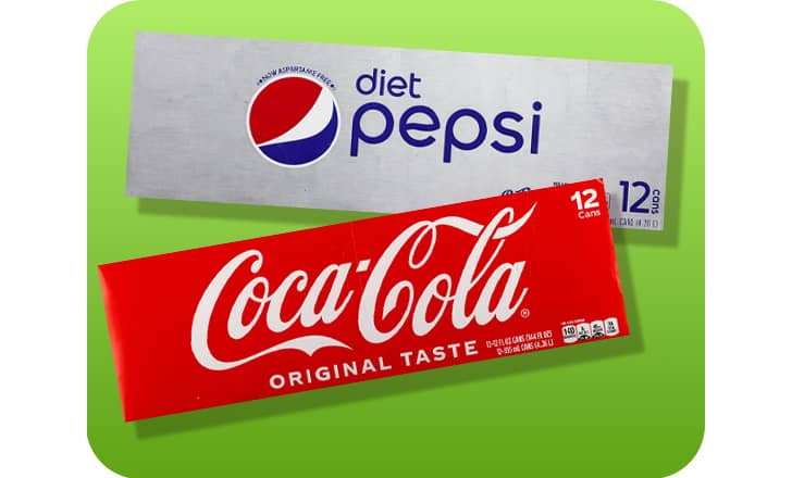 12 packs of diet Pepsi and Coca-Cola canned soda