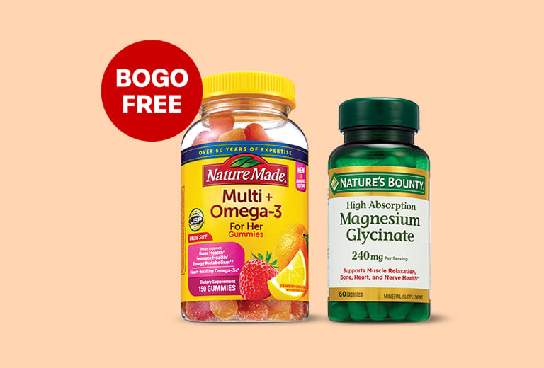 Bogo free on select vitamins. Products shown include Nature Made and Nature's Bounty.