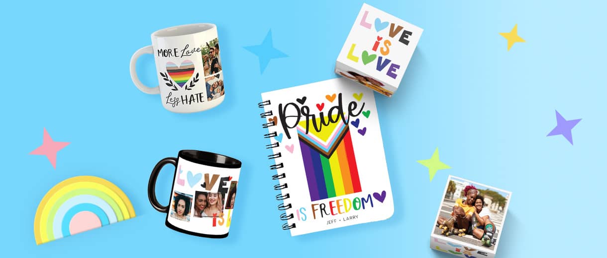 Examples of photo gifts for Pride Month, mugs, notebook, photo cube