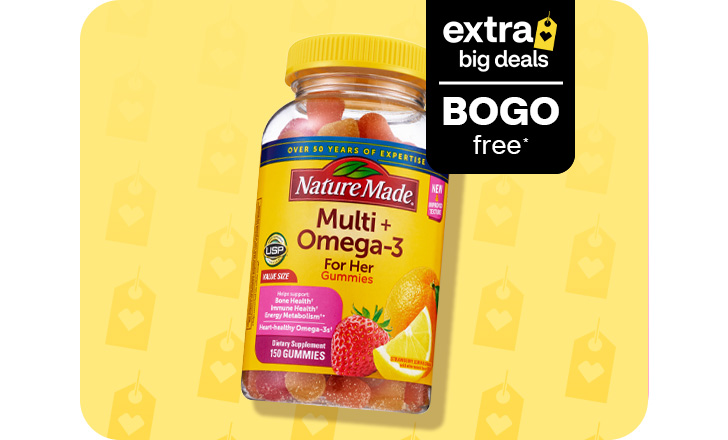 Buy one, get one free, Nature Made vitamins, Multi+ Omega-3 gummies.