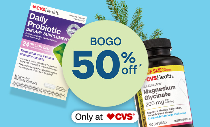 Buy one, get one 50 percent off, CVS Health Daily Probiotic capsules and Magnesium Glycinate capsules, only at CVS.