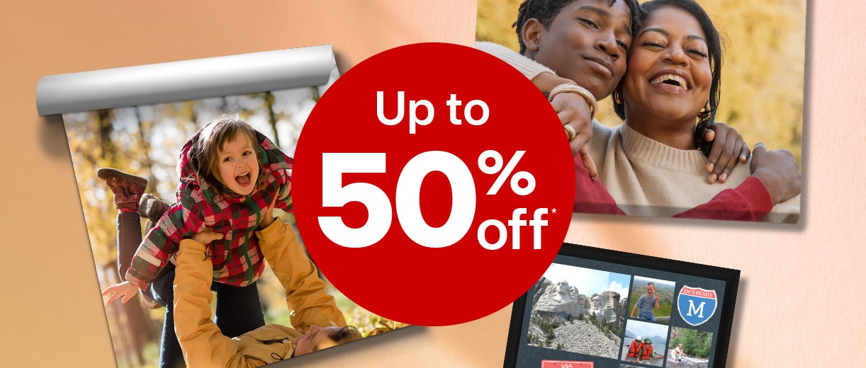 Up to 50% off. Personalized framed photos and posters, including a parent and child outside, a parent and older child hugging outside and a series of road trip photos