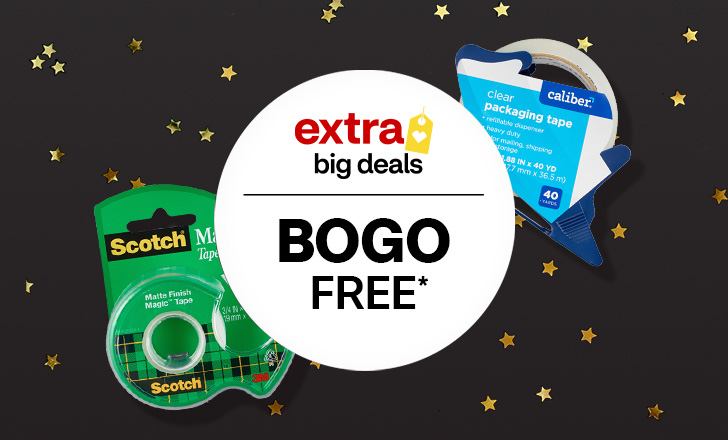 Extra big deals offer dot labeled ‘buy one, get one free’ next to Scotch Magic Tape and Caliber packaging tape.
