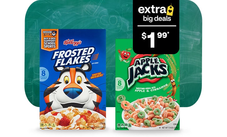 Extra Big Deals, $1.99. Kellogg's Frosted Flakes and Apple Jacks against a green chalkboard background
